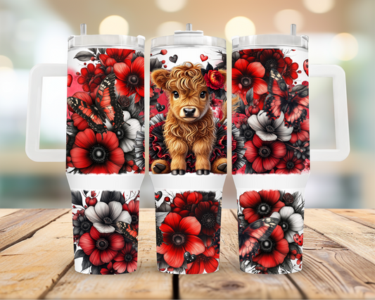 Highland Cow - Red Flowers